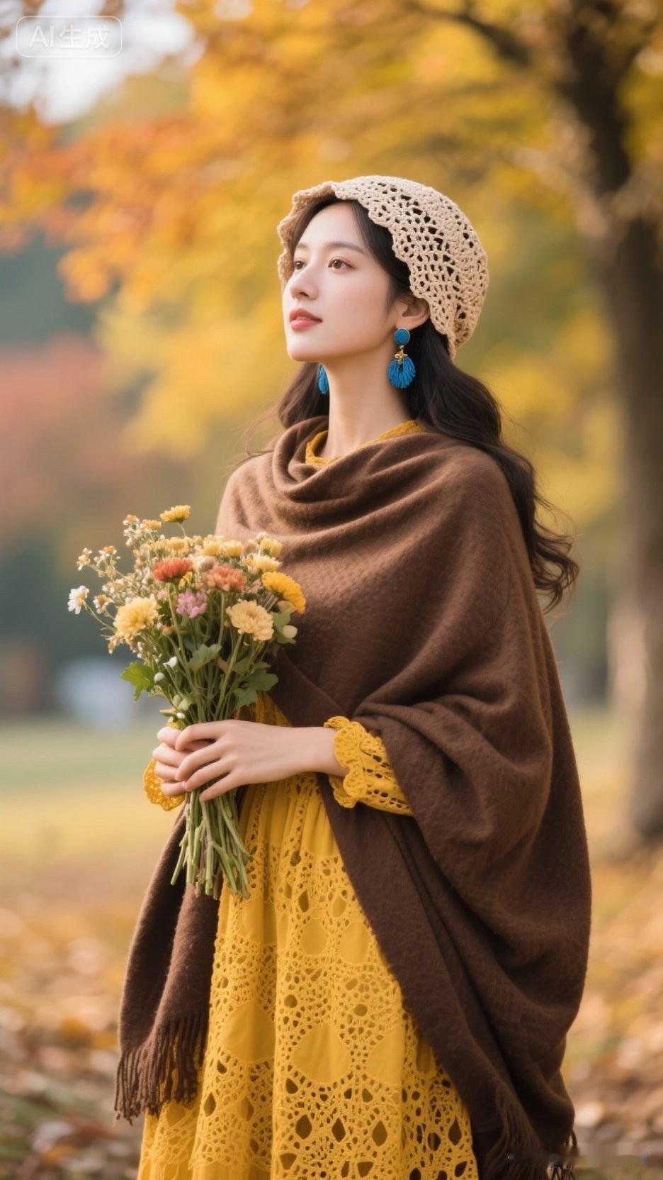 一个穿黄色裙子的女孩在公园里。
