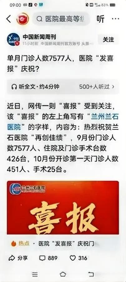 刷到条新闻，我愣了三分钟。

兰州有家医院，发喜报庆祝“门诊量破纪录”。

不是