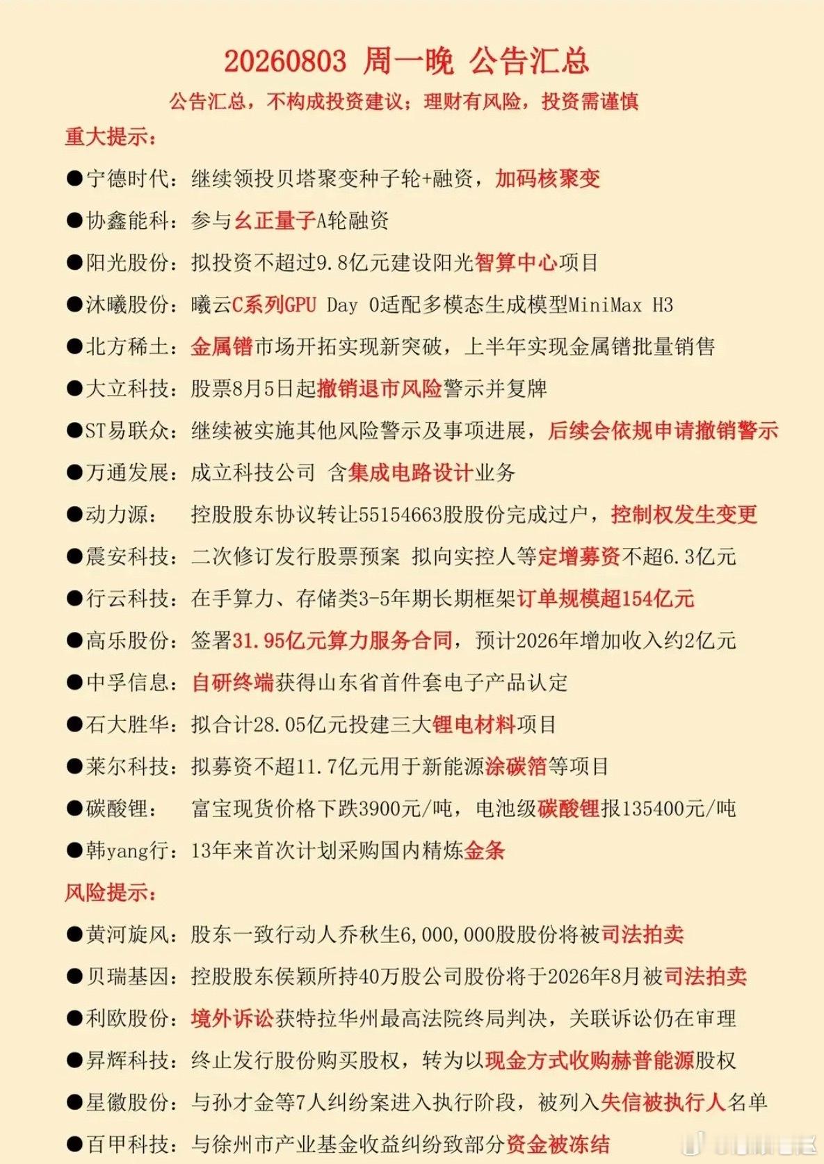 8.4周二  财经热点资讯+半年报+公告！宁德时代，加码核聚变！1.股权变更2.