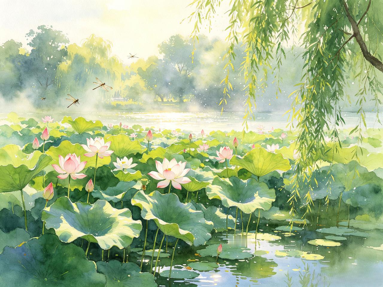 溽暑熏天暑气稠，
晴光遍野灼芳洲。
垂杨敛翠凝残荫，
曲沼浮香绽碧柔。
高树鸣蝉