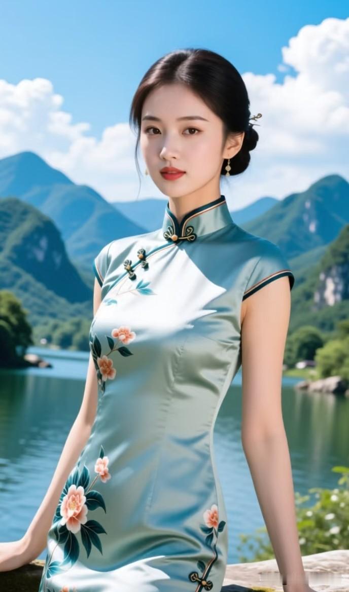 苏幕遮·青山妍影
 
叠峰青，澄水翠。云絮浮空，风拂烟波媚。
巧绾云簪梳鬓髻，一