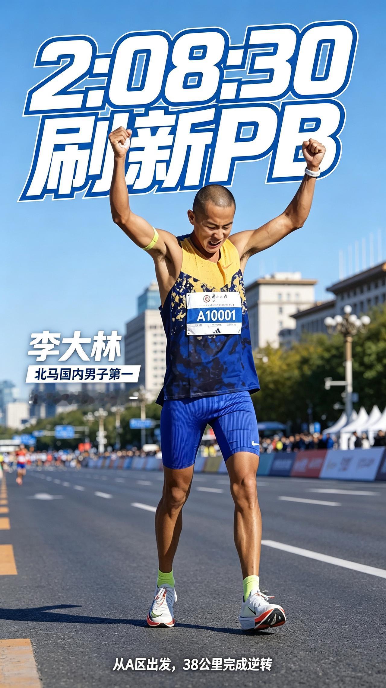 2:08:30刷新PB！李大林拿下北马国内第一，却没能登上领奖台。
38公里上演