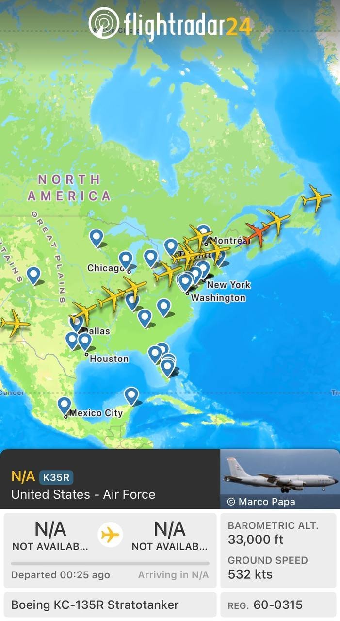 🔻USAF的新一批超过15架KC-135加油机队向欧洲和中东转场。🔻这意味着