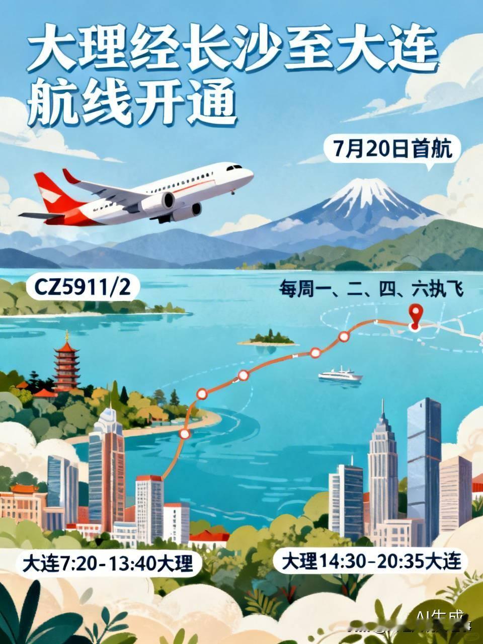 🛩7月20日南航开通大理经长沙至大连航线，这可是大理首条往返东北的空中航线。