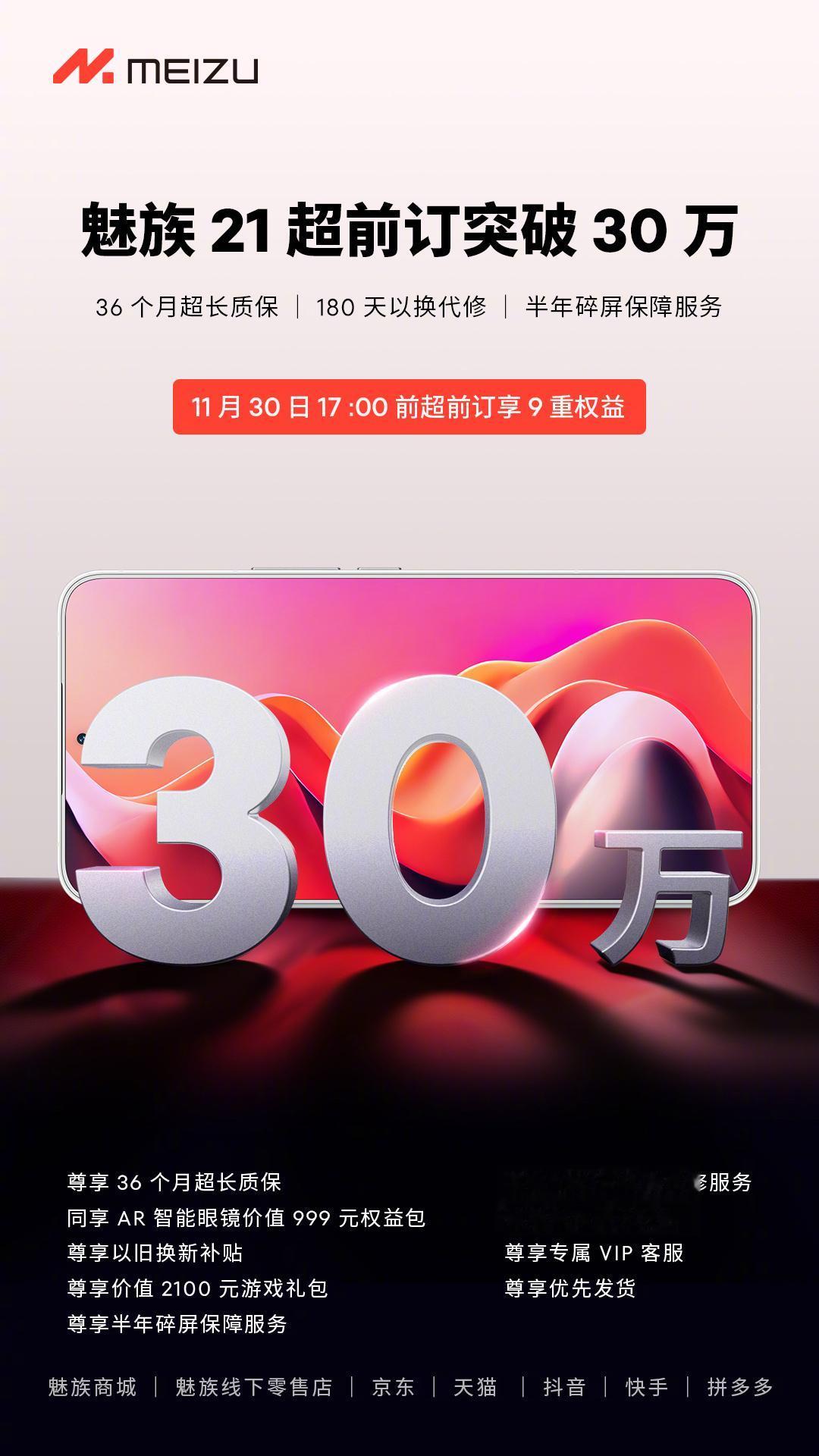魅族21小超前定破30万了！所有超前订权益全都生效，半年碎屏险，180天只换不修