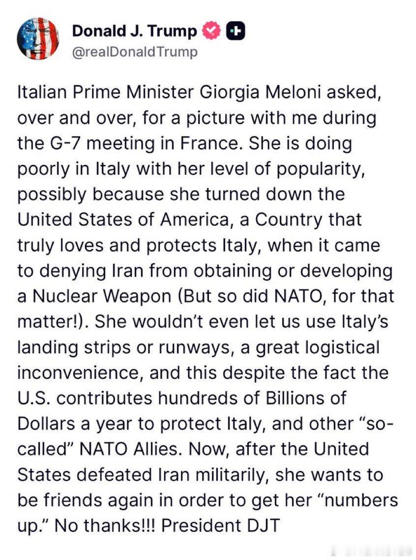 川普與梅洛尼隔空交鋒，G7言論引發外交討論Donald Trump在評論Gior