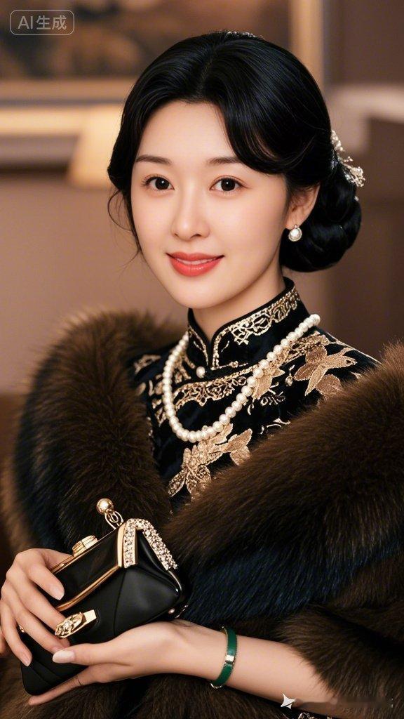 这位女士穿着华丽，手拿小包，笑容甜美。