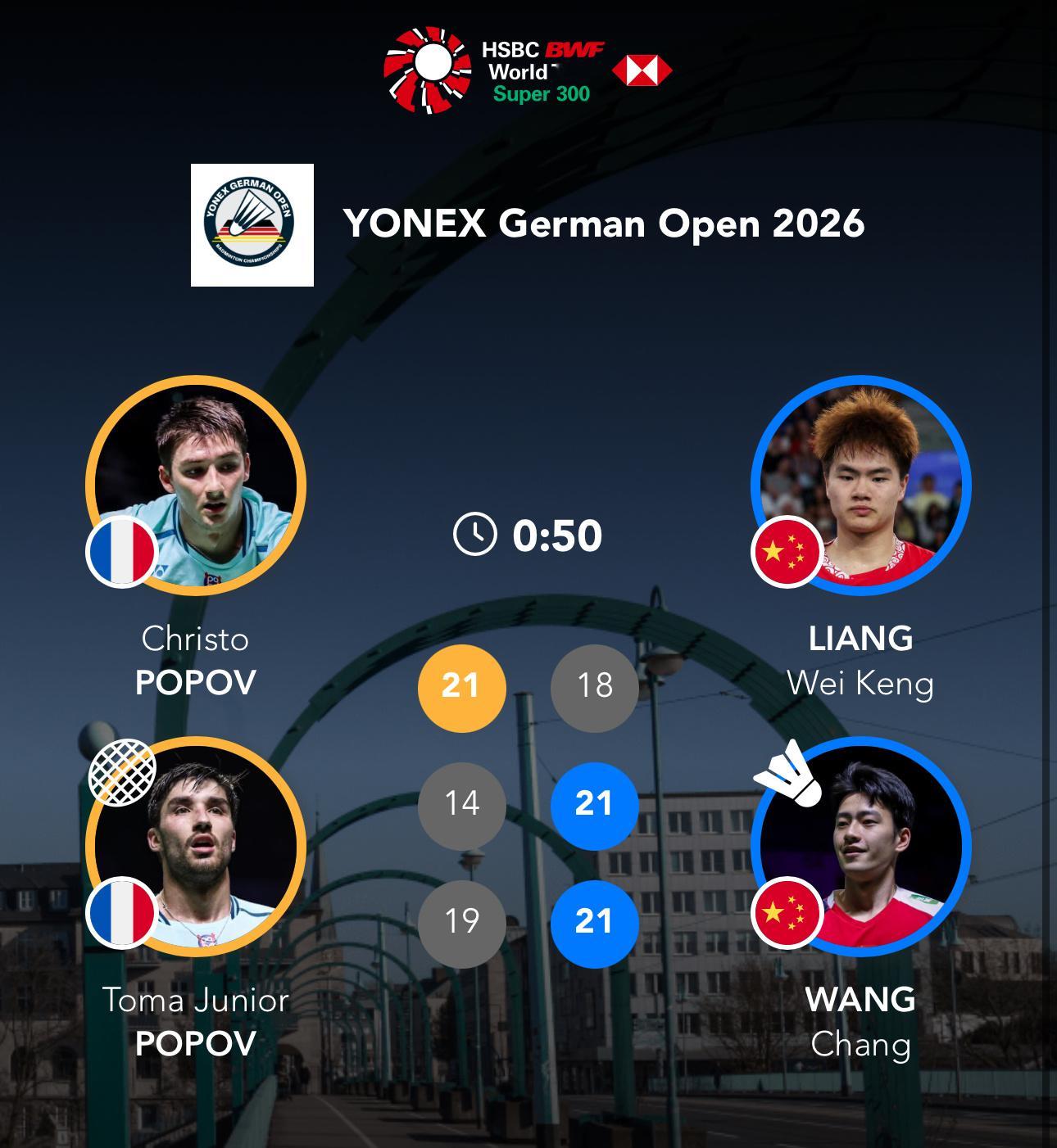 梁王组合 梁王加油  -比赛结果-2026德国羽毛球公开赛1/8梁伟铿/王昶VS