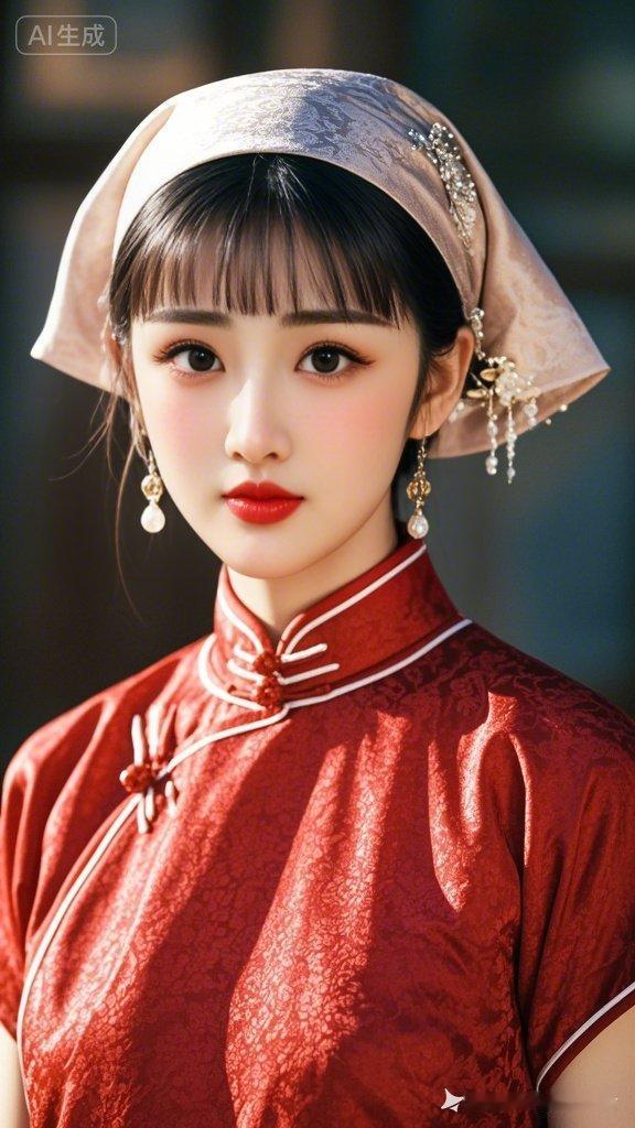 美女头戴绢帕，身着绝美红绸服饰，刺绣精致光泽流转，红色为视觉中心。面露忧伤，风情