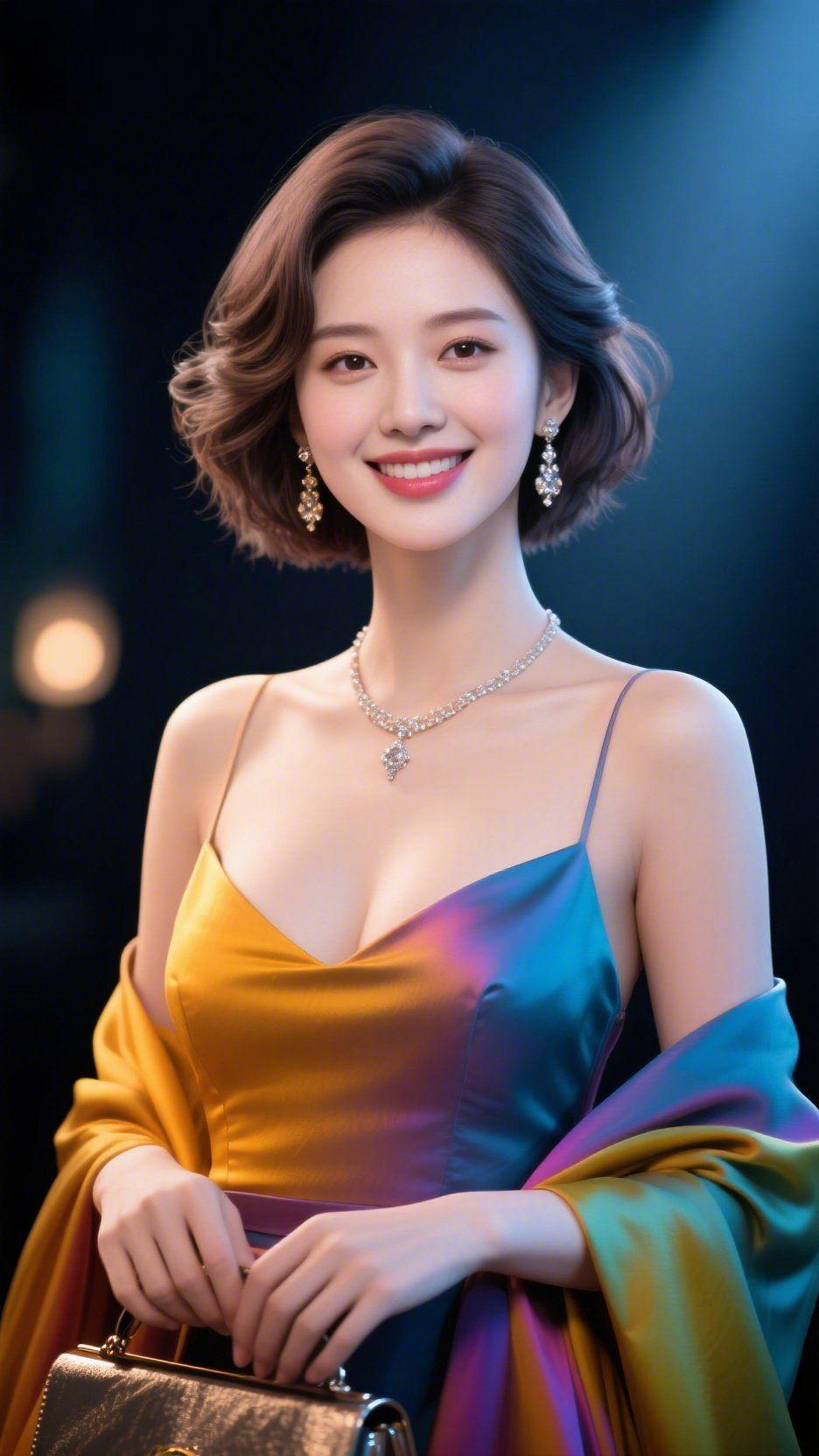 裙漾流光皆温柔
 
聚光灯穿透夜色落在她身上，一袭渐变缎面礼裙宛如盛纳了四季的流