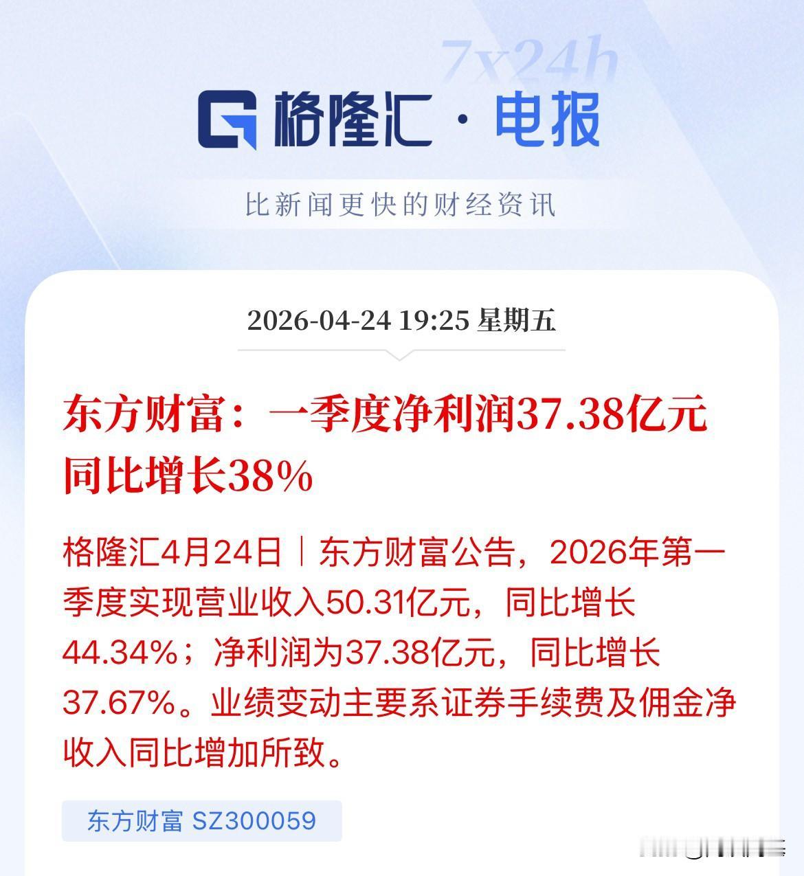 东方财富一季报爆表，收入50亿，净赚37亿，这赚一块钱都有0.7元是稳稳入口袋的