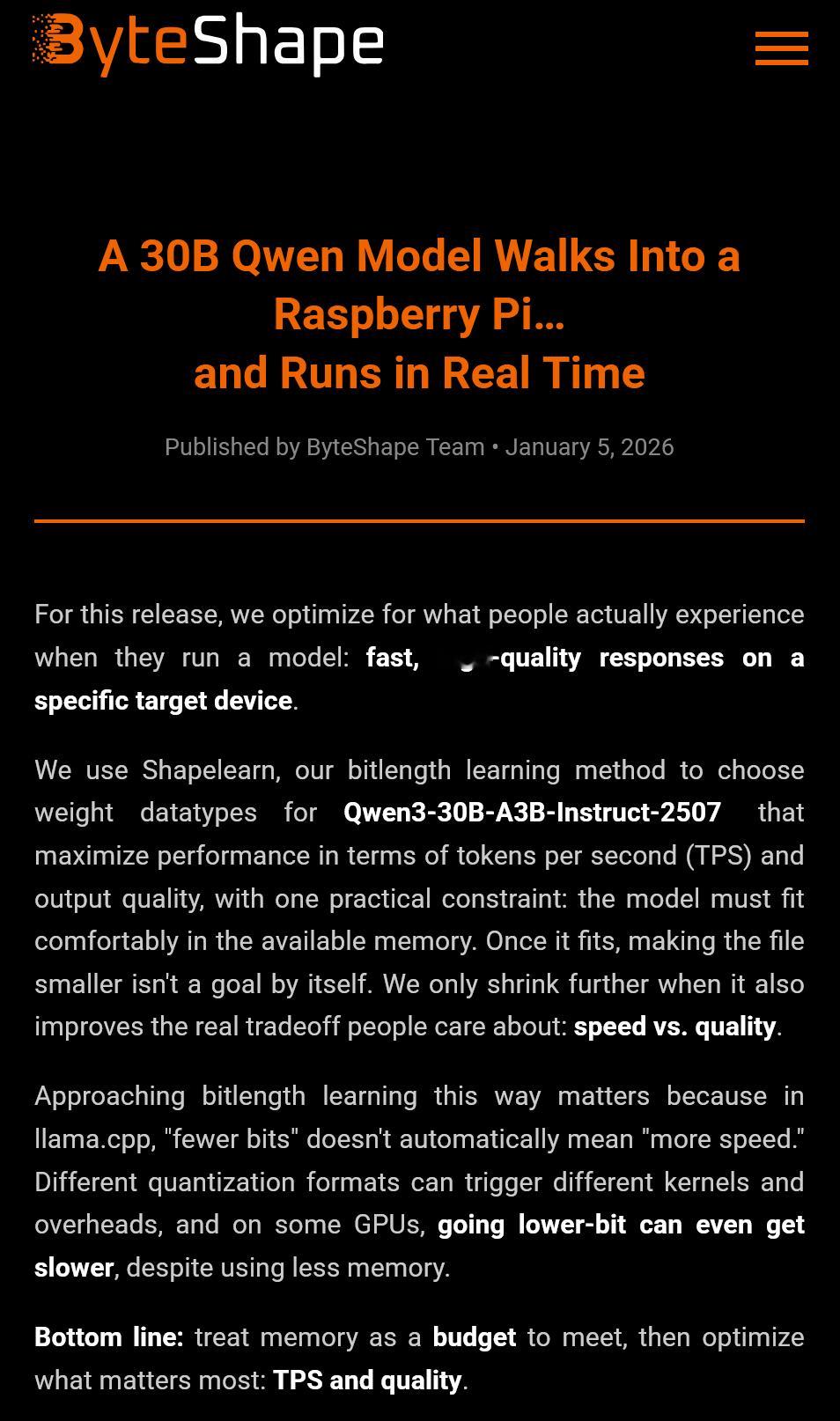 在树莓派上跑Qwen3-30B-A3B 是一种什么体验？byteshape.co