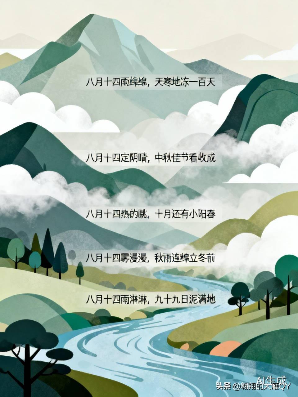 今天是八月十四民间俗语有
八月十四雨绵绵，天寒地冻一百天。
这天落雨，预示冬天冷