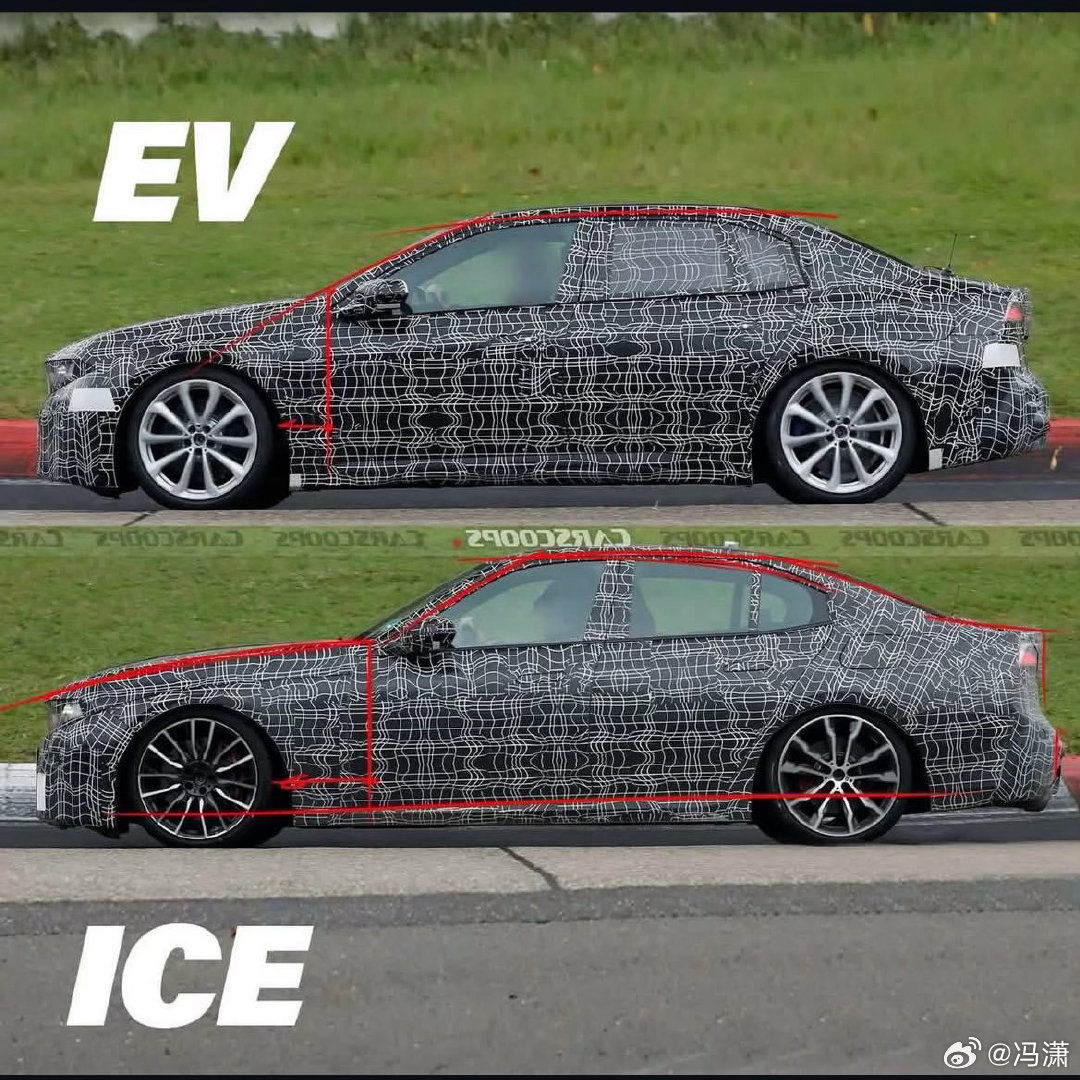 宝马i3和3系虽然造型可能会很像但比例差得很远，尤其底盘看起来并不一样，有发动机