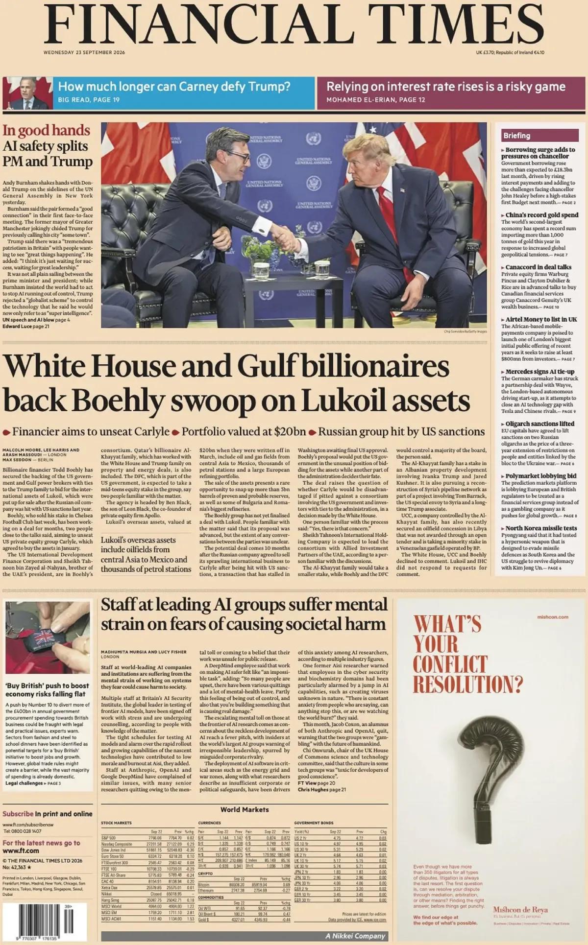 《金融时报》头版报道称，AI安全问题让英国首相与美国总统特朗普产生分歧。 
昨天