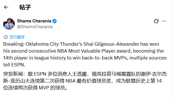 亚历山大当选MVP。NBA