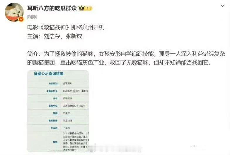 刘浩存张新成合作救猫战神曝刘浩存张新成合作救猫战神 ​曝刘浩存张新成合作救猫战神