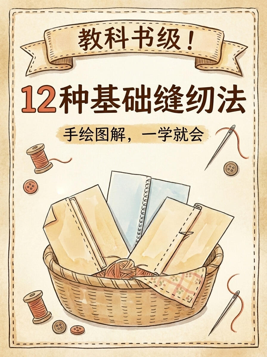 裁缝入门保姆级教程，12种基础缝纫针法，新手有手就会。手绘图解超清晰，建议收藏对