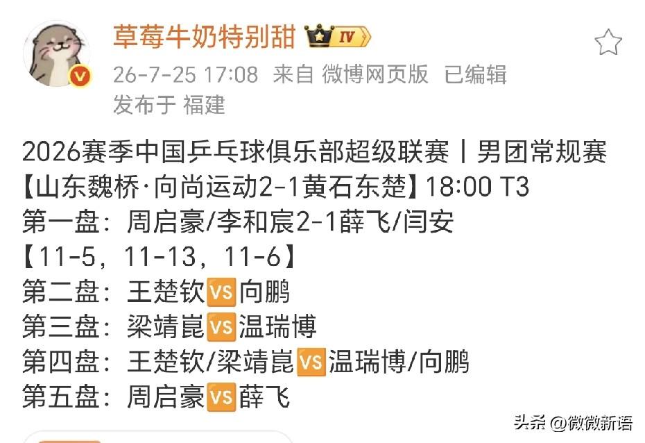 今天换王楚钦/梁靖崑的男双了。
山东魏桥和黄石的比赛，山东魏桥稍微变了一下阵容，