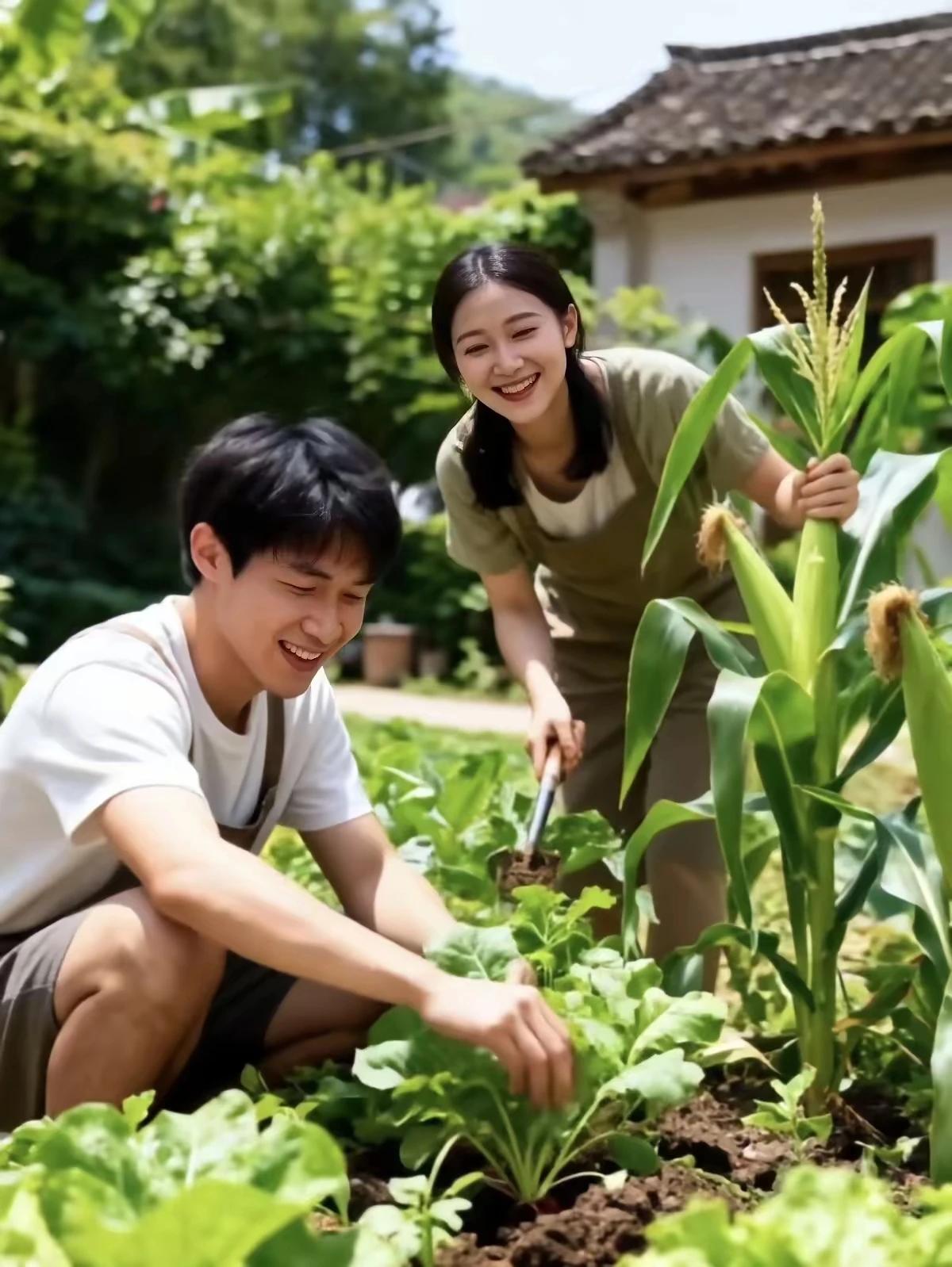 菜园不大内容多，
玉米蔬菜就几棵。
一茬一茬在轮作，
绿色食品上餐桌。