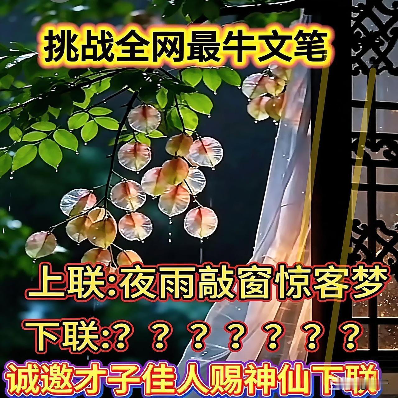 这画面配上这句上联，
氛围感直接拉满。
夜雨敲窗惊客梦，
孤灯照剑动江湖！
上联