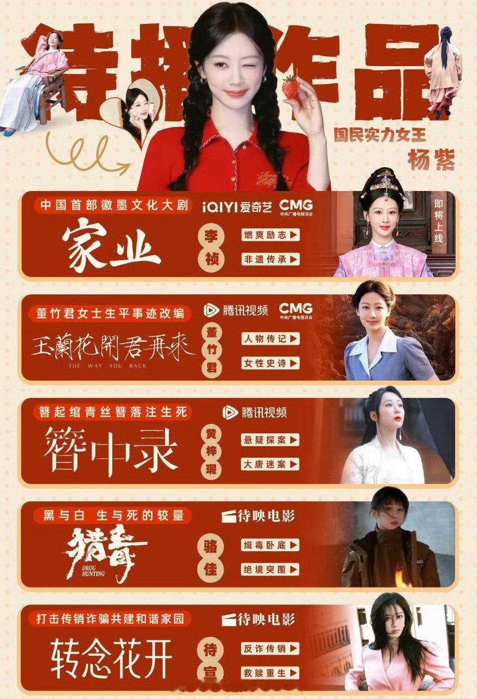 杨紫五部待播剧：《家业》《玉兰花开君再来》《簪中录》《猎毒》《转念花开》涵盖非遗