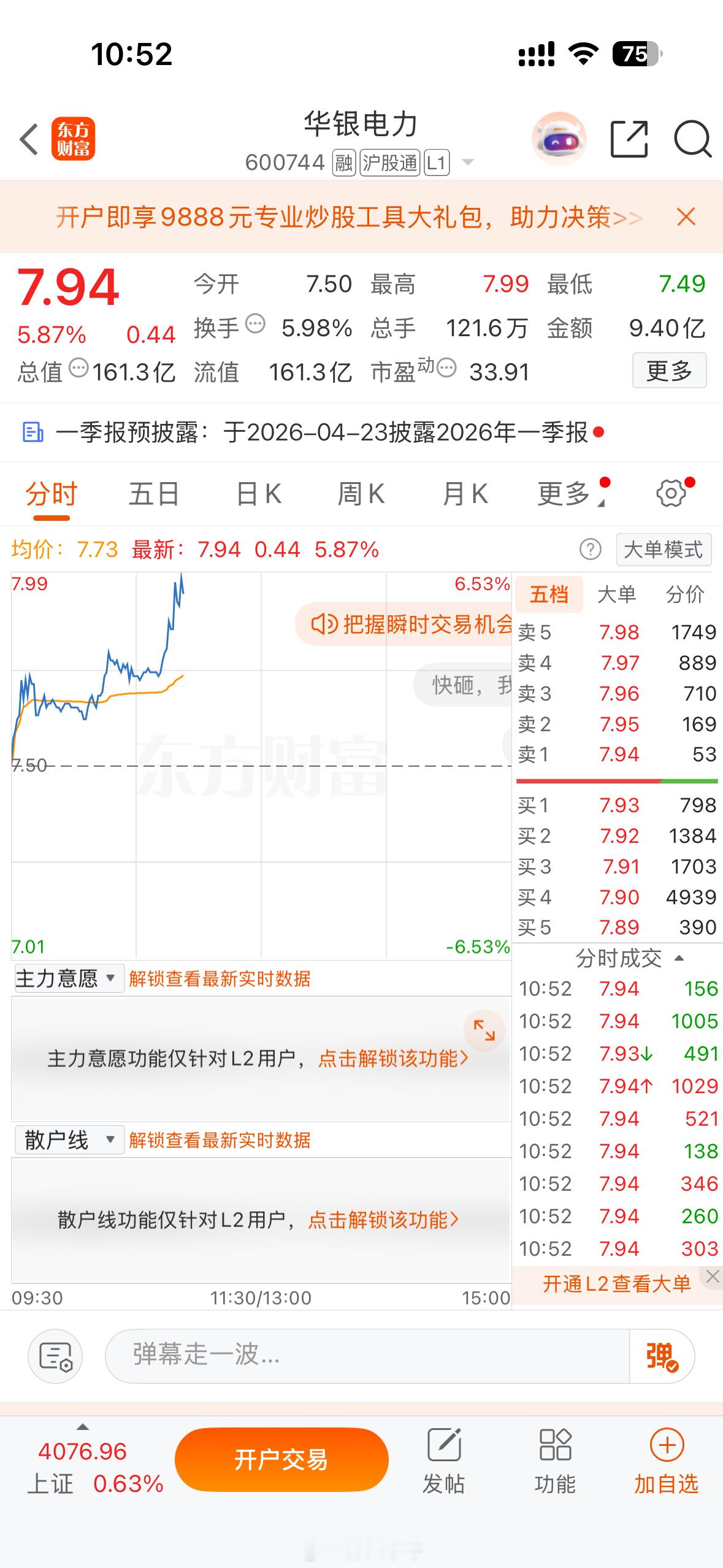 早盘通知的华银电力600744，强势拉升6个点，大家都跟上了把？记得点赞评论88