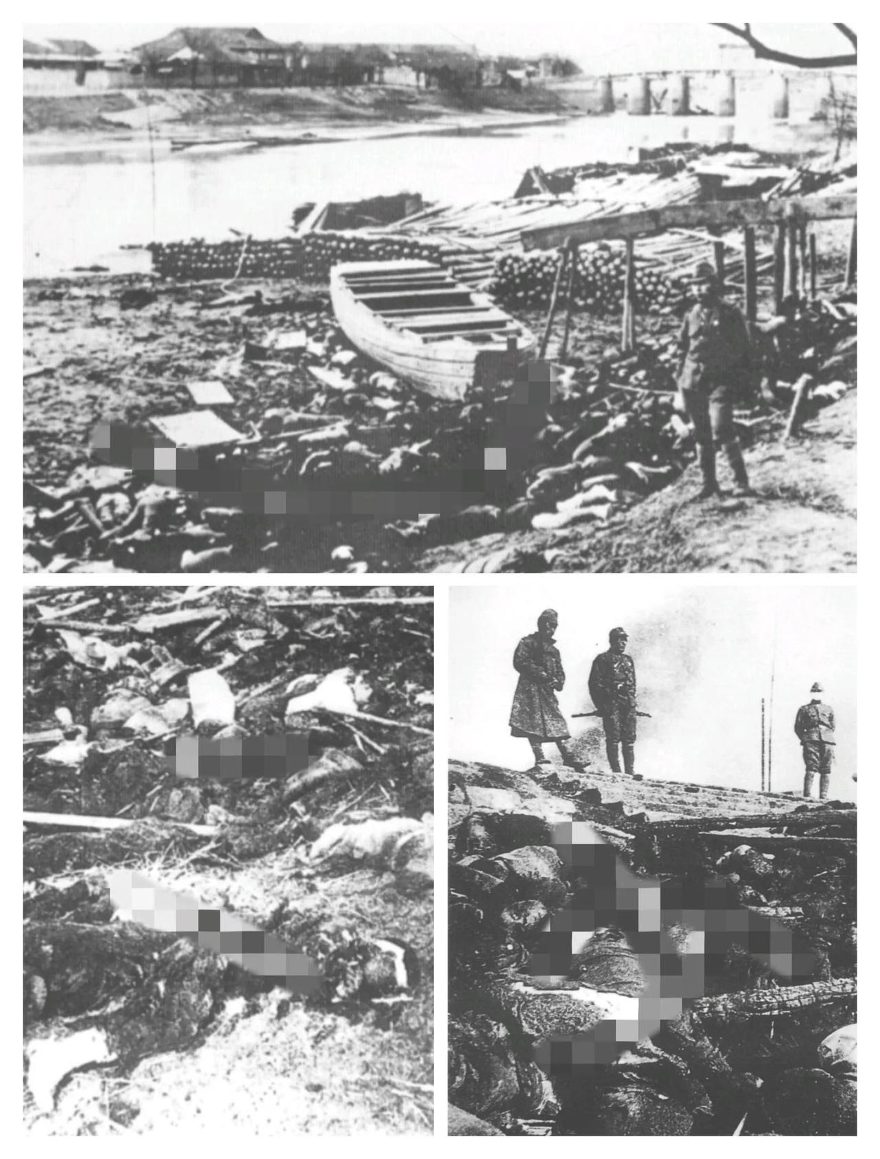 南京郊外被鬼子集中杀害的南京市民的尸体，更可恨的是杀人后，他们还在尸体上浇上汽油