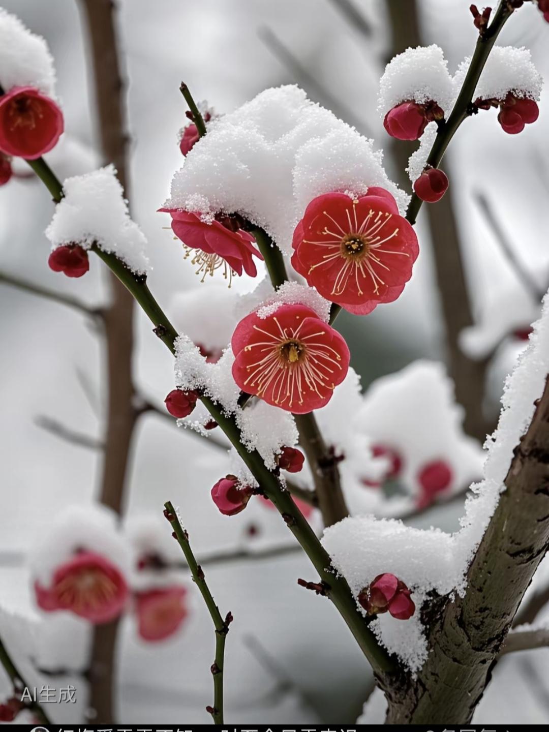 天净沙·红梅与雪
红梅盼雪情痴，
雪期迟至心驰。
寒树终逢玉姿。
白红相倚，
共