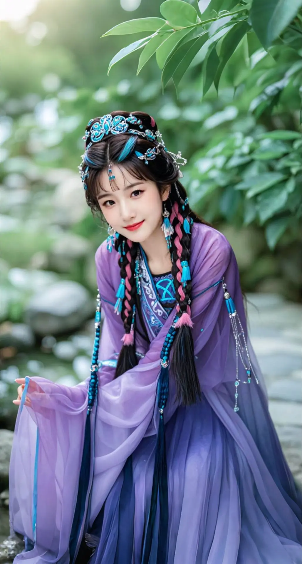 AI扩图 AI粉辫紫纱美人