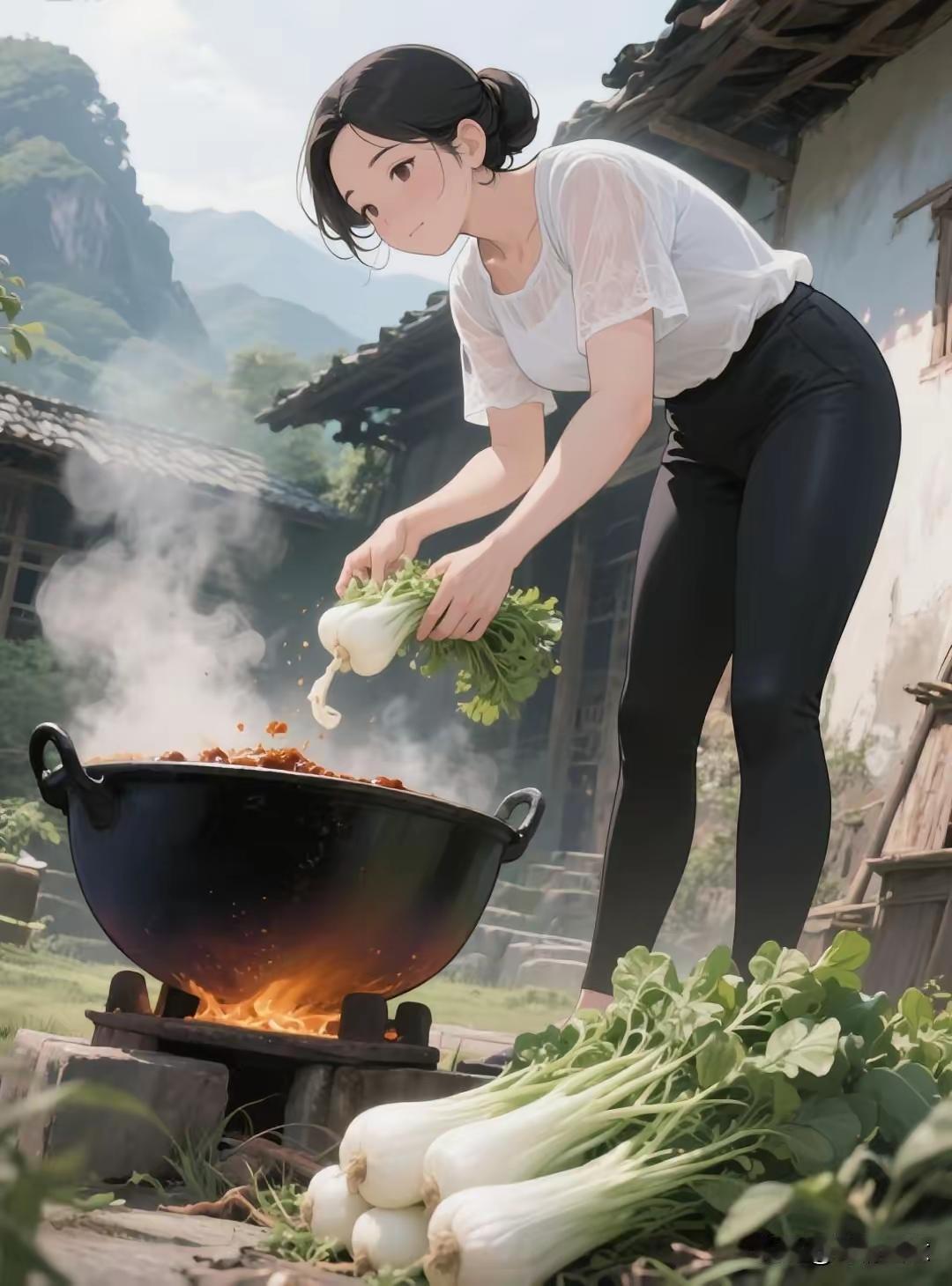 天净沙·农家野灶
野灶柴旺炉红，
村姑拈菜锅融。
青山相伴烟涌。
饭香盈弄，
农