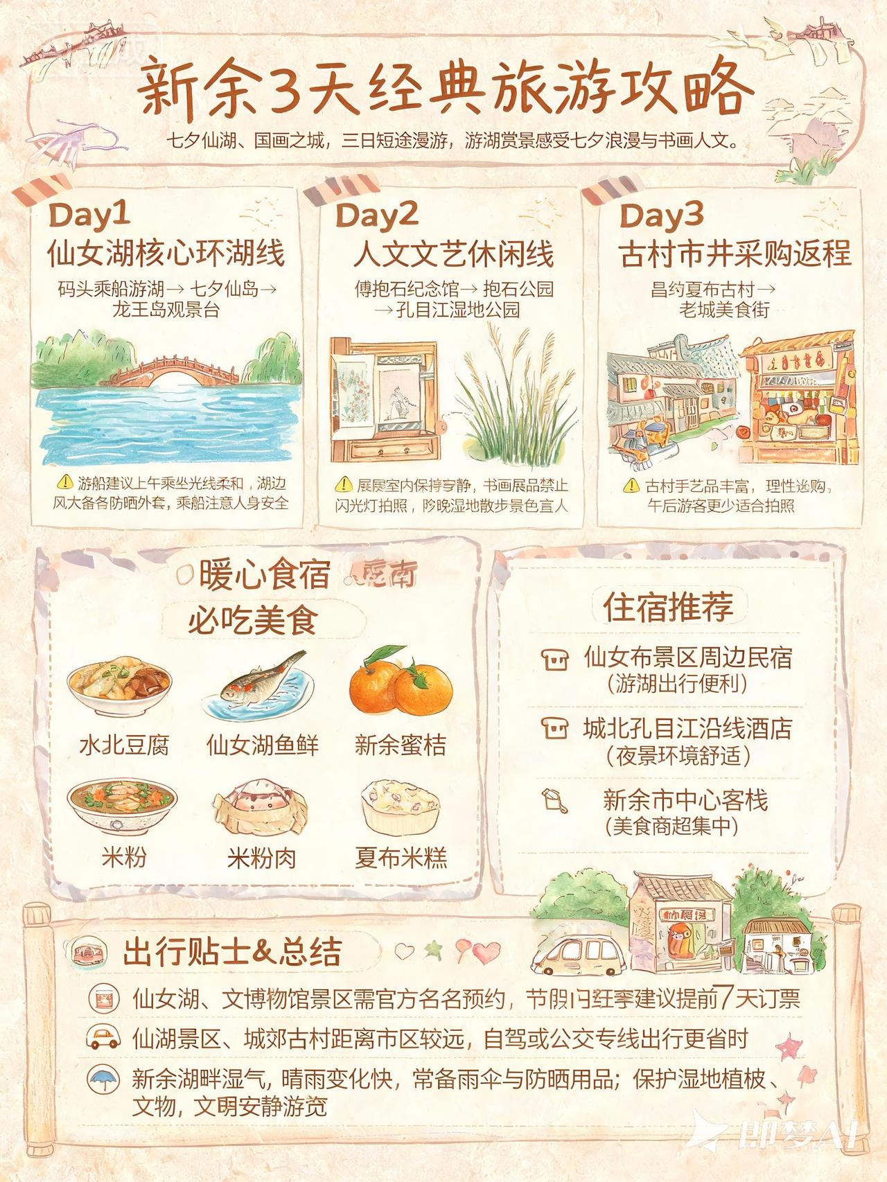 江西新余3日行程攻略：

Day1 仙女湖核心环湖线：码头乘船游湖→七夕仙岛→龙