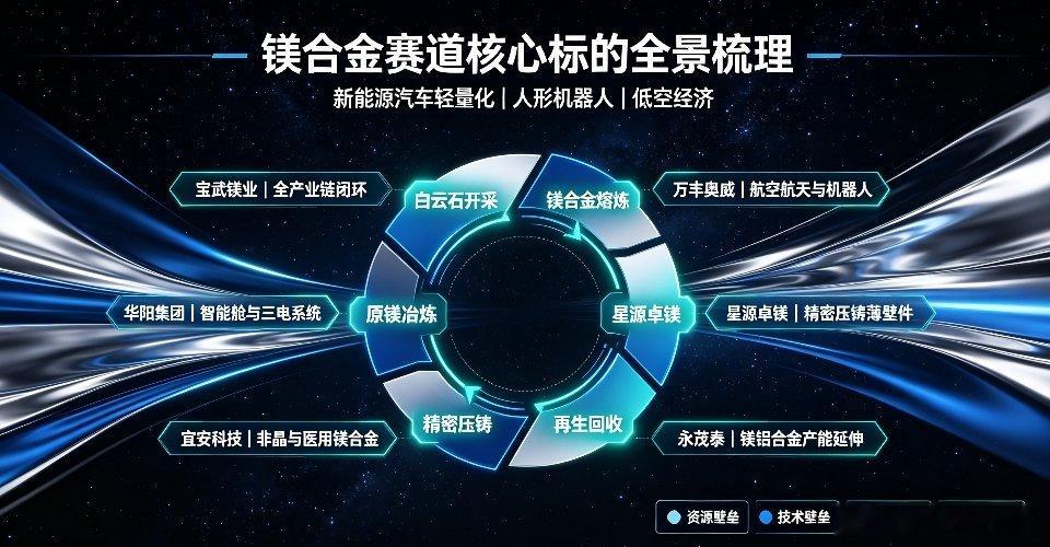 镁合金赛道核心标的全景梳理：全产业链布局与细分龙头解析随着新能源汽车轻量化、人形