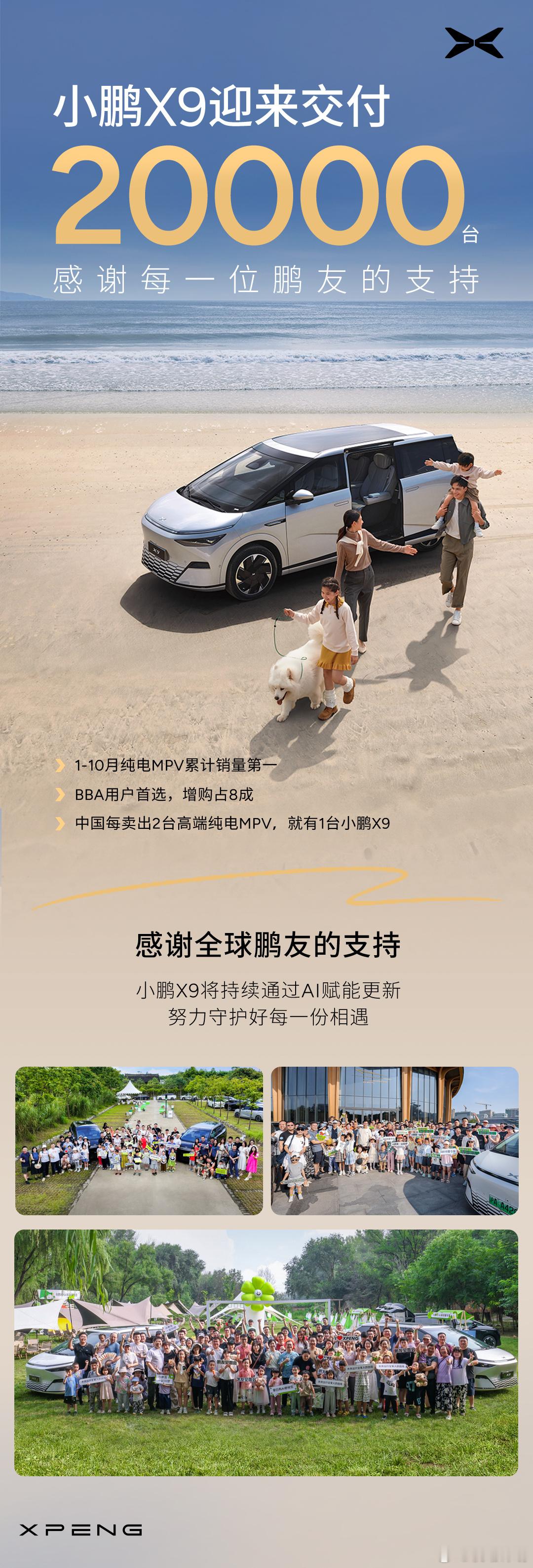 小鹏X9第2万台正式交付，创造了高端纯电大7座“史无前例”的最快交付纪录。 