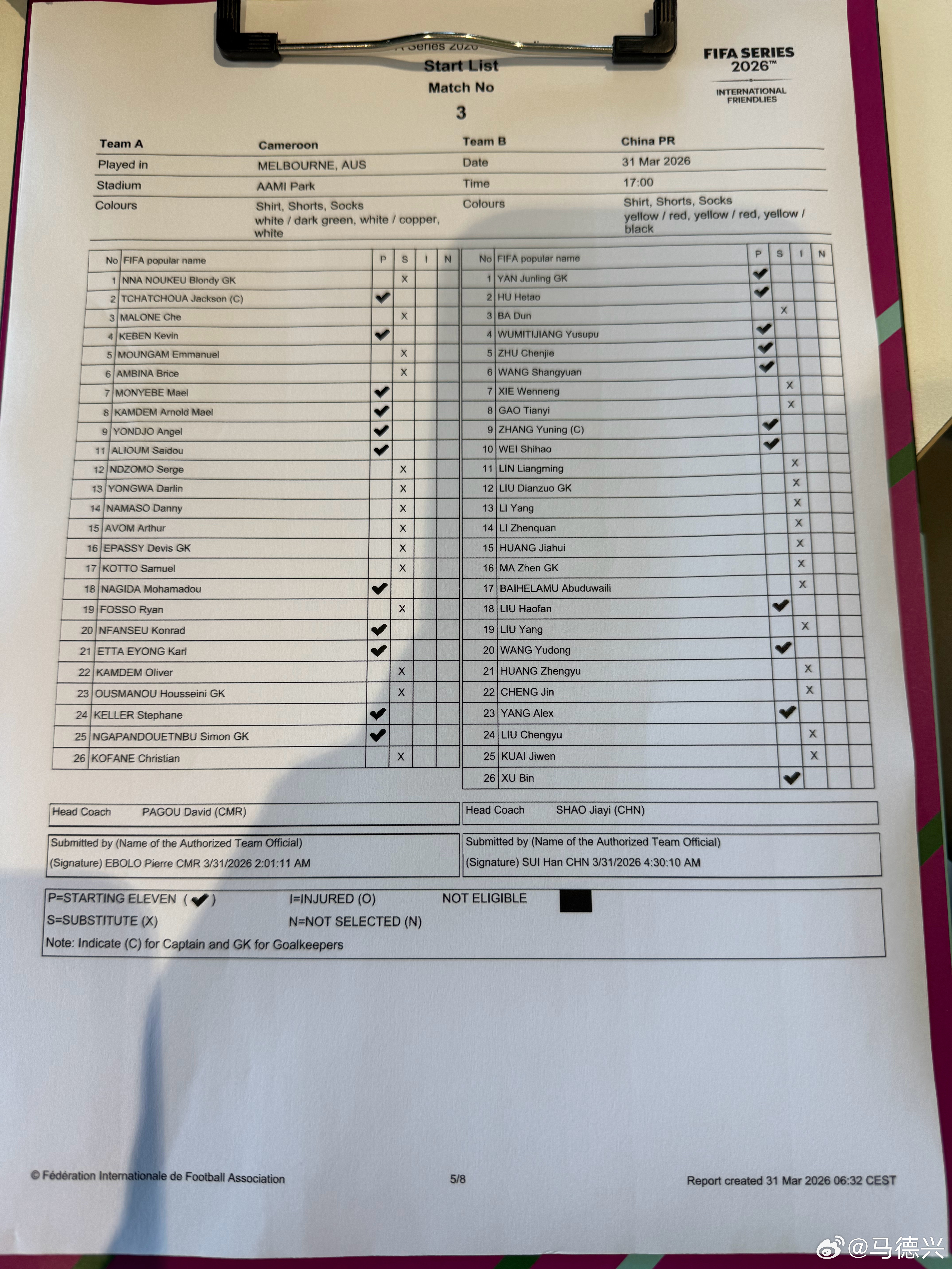 国足中国队国足 国足今日战喀麦隆首发：541，或者说是343。