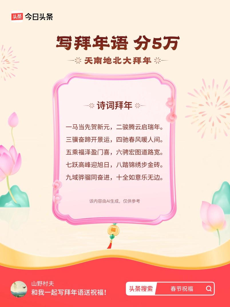 三骥奋蹄开景运，四驰春风暖人间。 五乘福泽盈门喜，六骋宏图道路宽。 七跃高峰迎旭