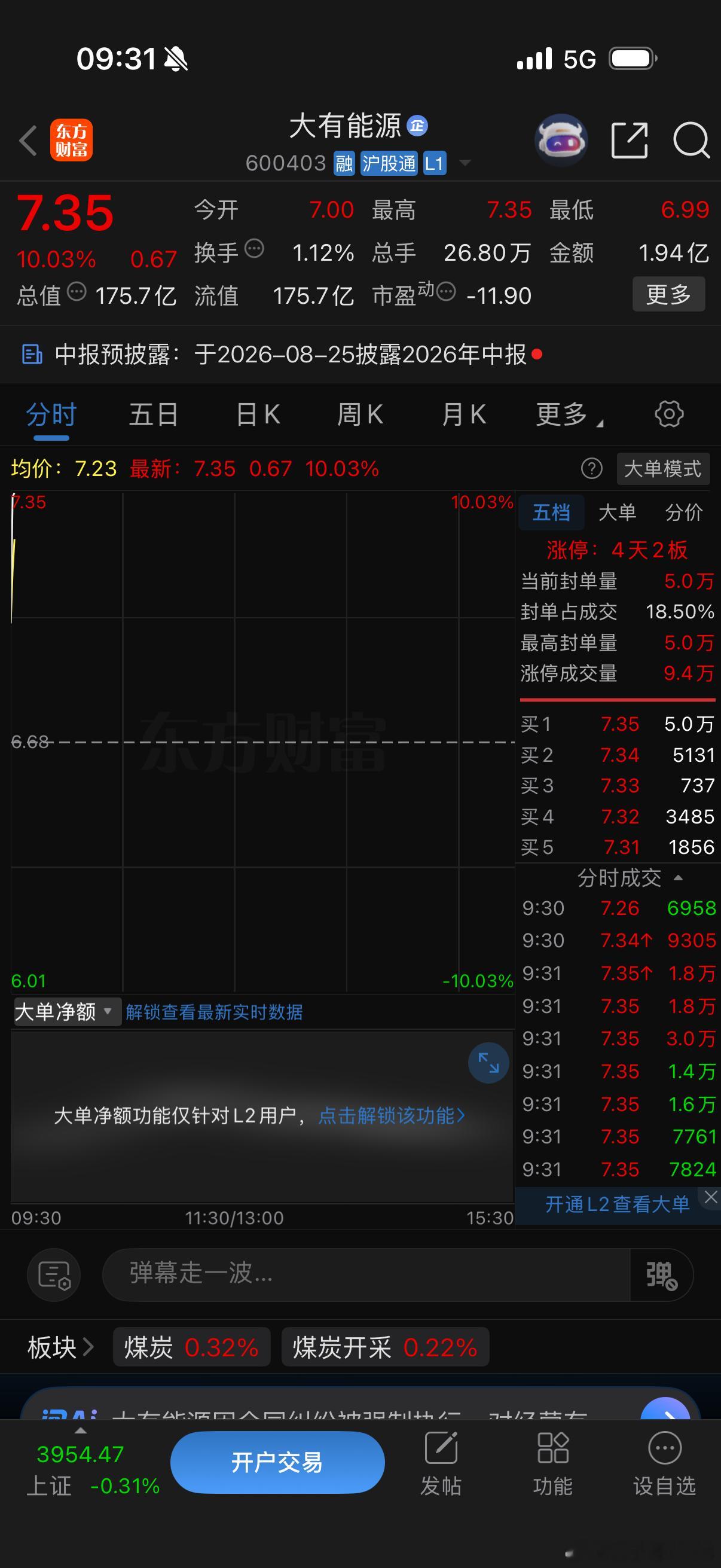 大有能源直接涨停