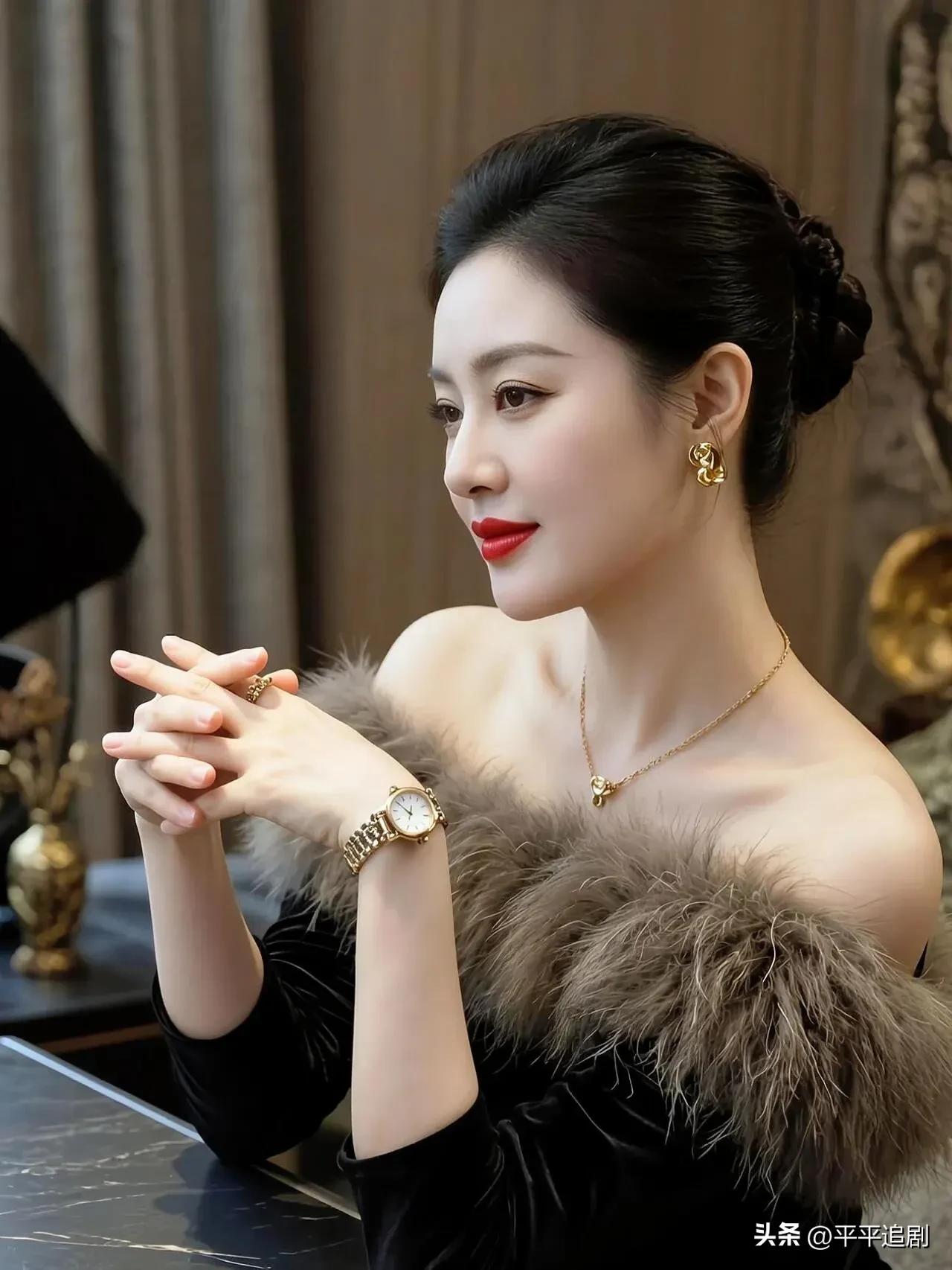 黑丝绒裹着优雅，金饰映着锋芒。
红唇轻启，腕间时光流转，
在静谧里，做自带气场的