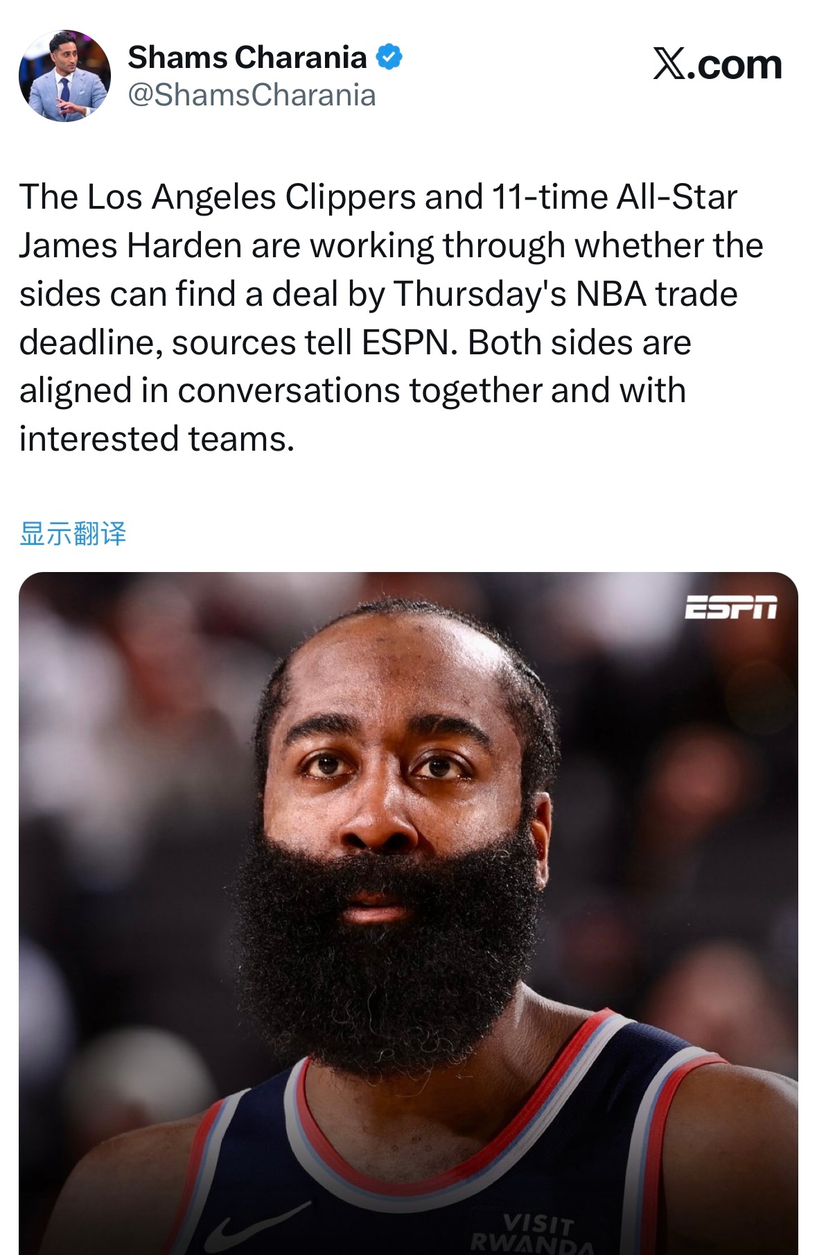 Shams：快船与哈登商谈交易！ 洛杉矶快船队与11届全明星詹姆斯·哈登，正商讨