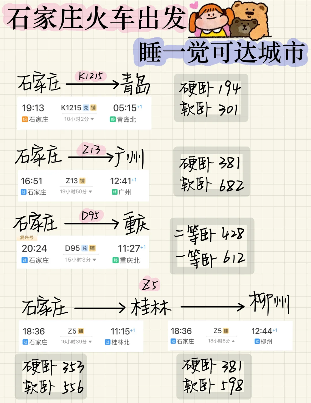 石家庄🚄出发 卧铺一夜可达城市
