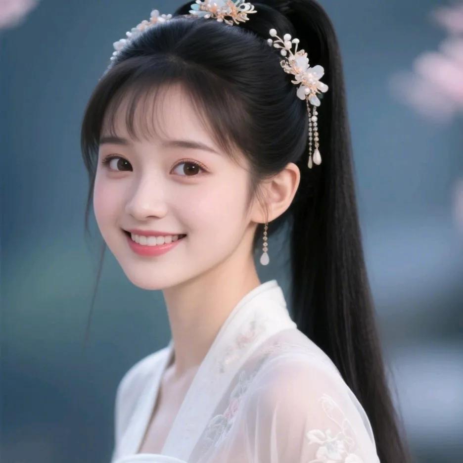 古风少女甜美微笑，花钿点缀优雅动人古风少女自拍 珍珠古风妆容 花饰古风照 甜笑汉