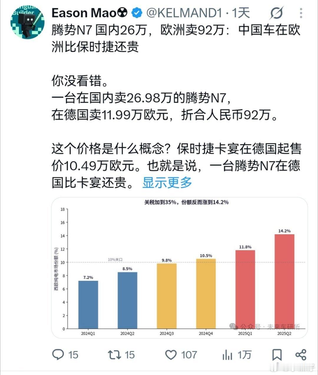 腾势N7在欧洲卖92万，是国内3.5倍，甚至比保时捷卡宴还贵，关键照样买单！那句