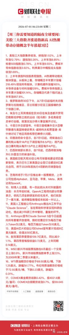 【周三你需要知道的隔夜全球要闻：美股三大指数齐涨道指新高 AI热潮带动存储概念半