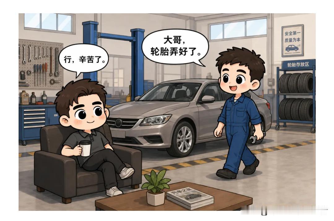 图文漫画推荐：修理工：大哥，换轮胎1200。男生：等下，我找老婆拿钱。喂媳妇，修