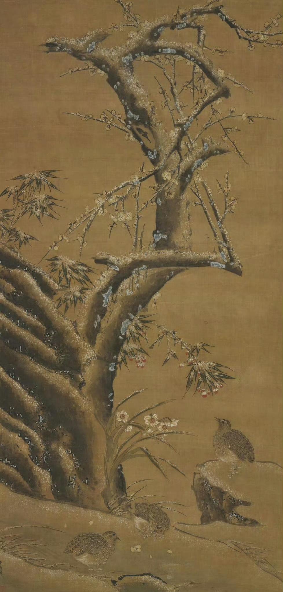 南宋马麟《梅竹鹌鹑图》：雪地里的平安意趣 
 
台北故宫藏的这幅《梅竹鹌鹑图》，