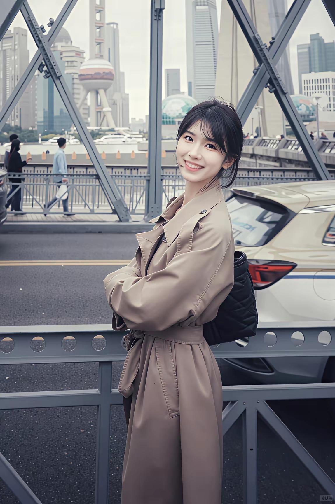 黄浦潮生带晓寒，铁桥人影倚阑干。
长风漫卷风衣角，旧梦轻萦白玉盘。
曾共春申观落