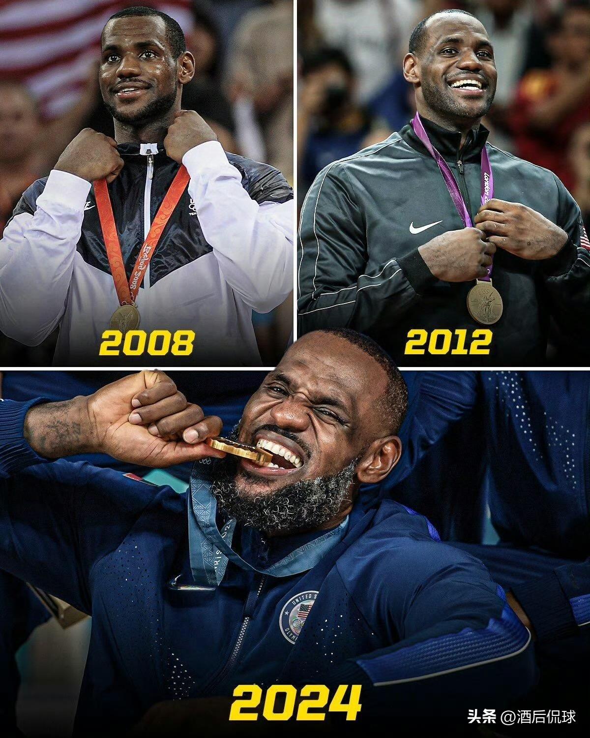伟大无需多言！詹姆斯是第一位在三个不同年代都获得奥运会金牌的男子篮球运动员。詹姆