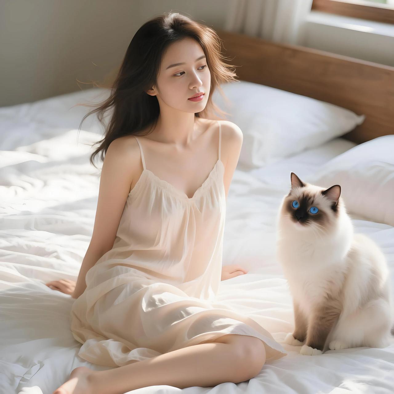 和猫咪一起的温馨阳光透过窗户，如碎金般洒在床上。她身着轻柔的睡裙，慵懒地坐着，发