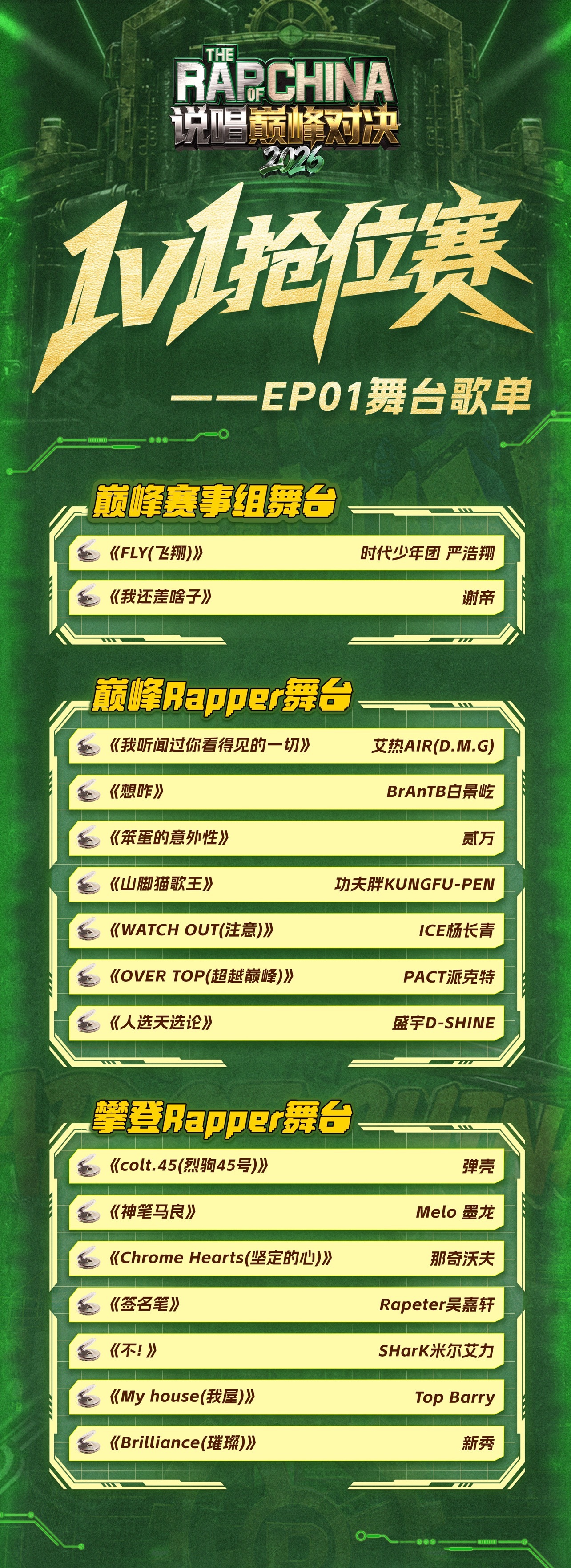 说唱巅峰对决2026 来了来了！《巅峰对决》第一期歌单公布！严浩翔《fly》、弹