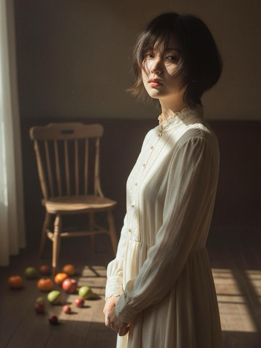 画面聚焦于人物蜷缩在木椅上的姿态，构图上采用中景景别，精准捕捉了人物抱膝低头的核